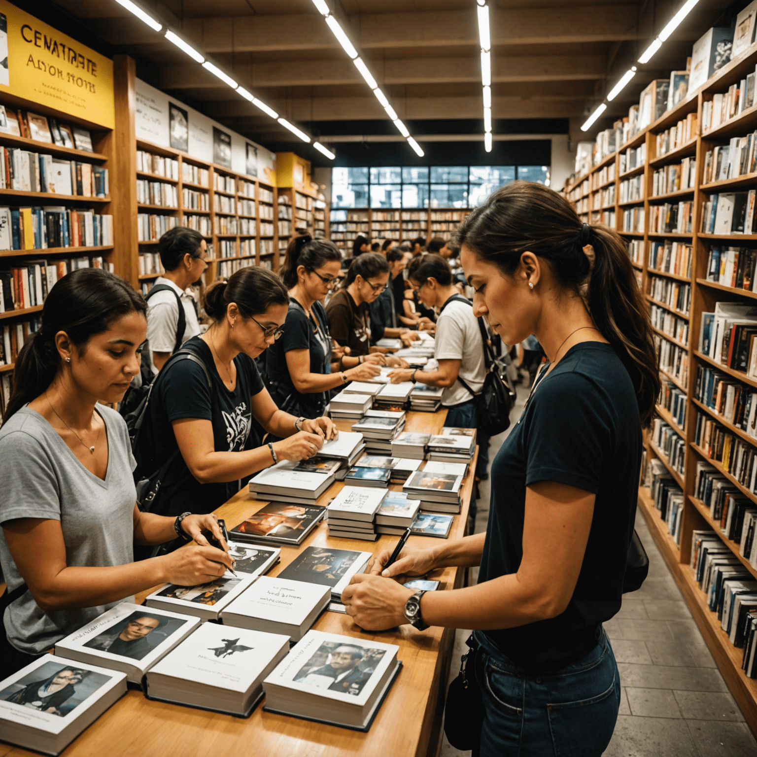 Simone Tebet assinando livros em uma livraria movimentada em São Paulo, com fãs fazendo fila