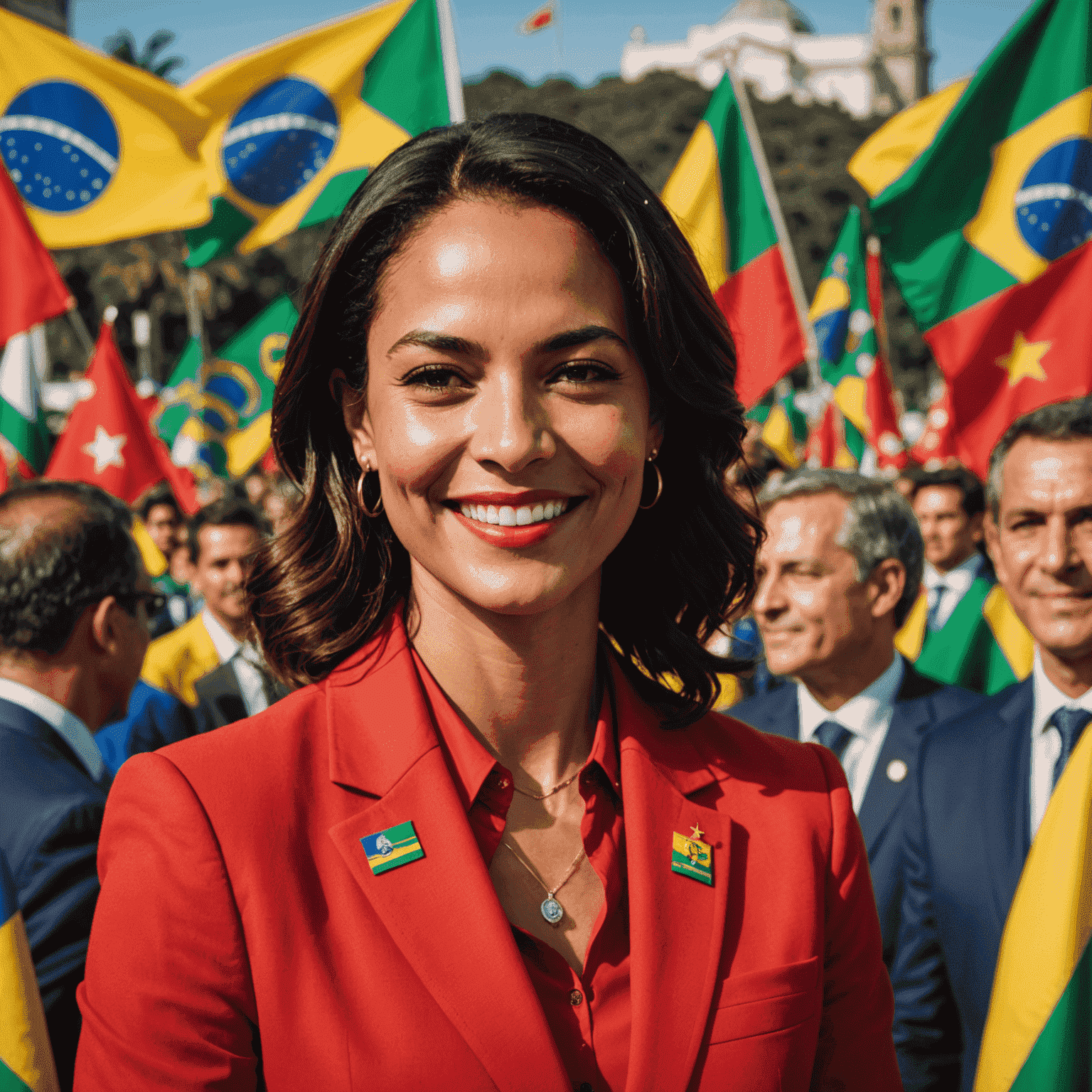 Imagem de Simone Tebet em um evento político, vestindo um terno vermelho e sorrindo para a câmera. Ao fundo, bandeiras do Brasil e logotipos de seu partido político.