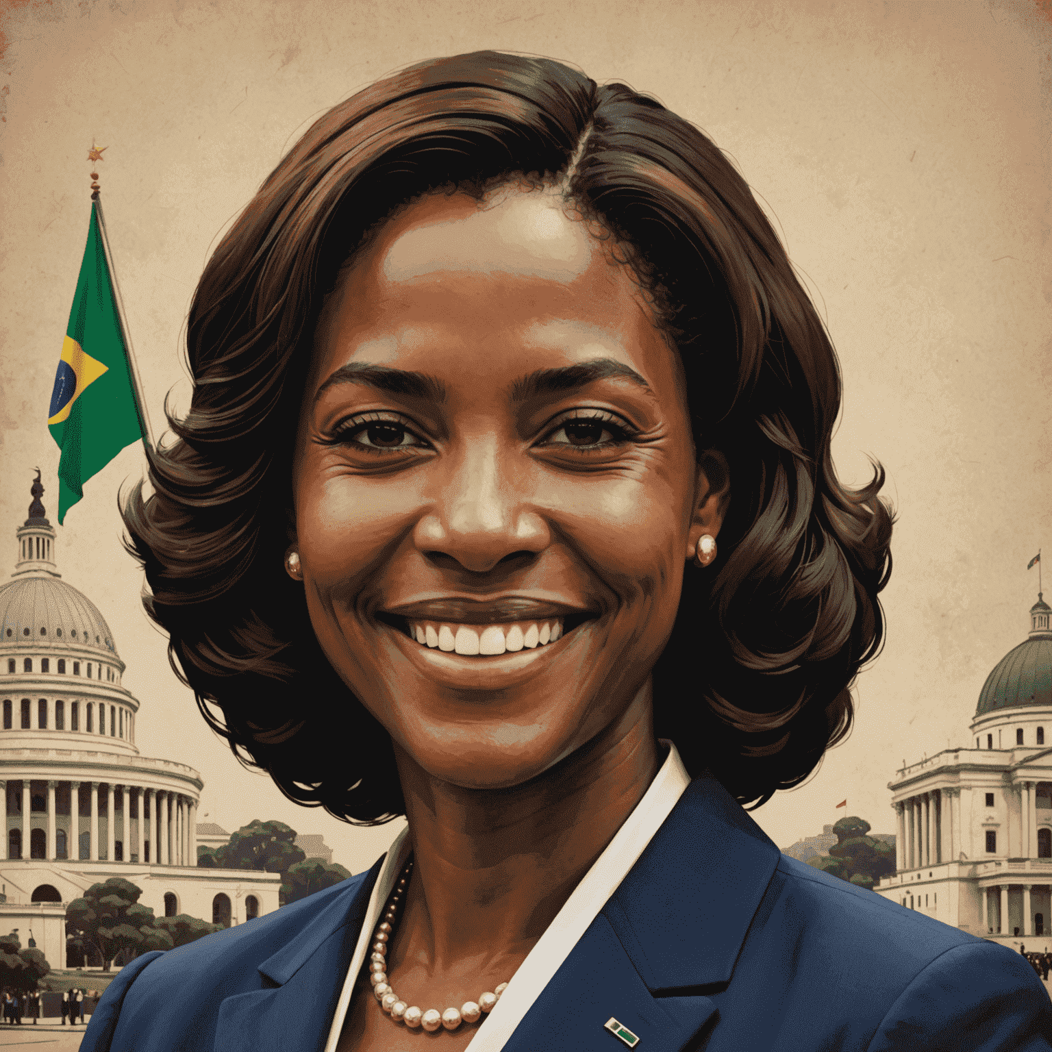 Retrato de Simone Tebet sorrindo, vestida formalmente em frente ao Congresso Nacional do Brasil