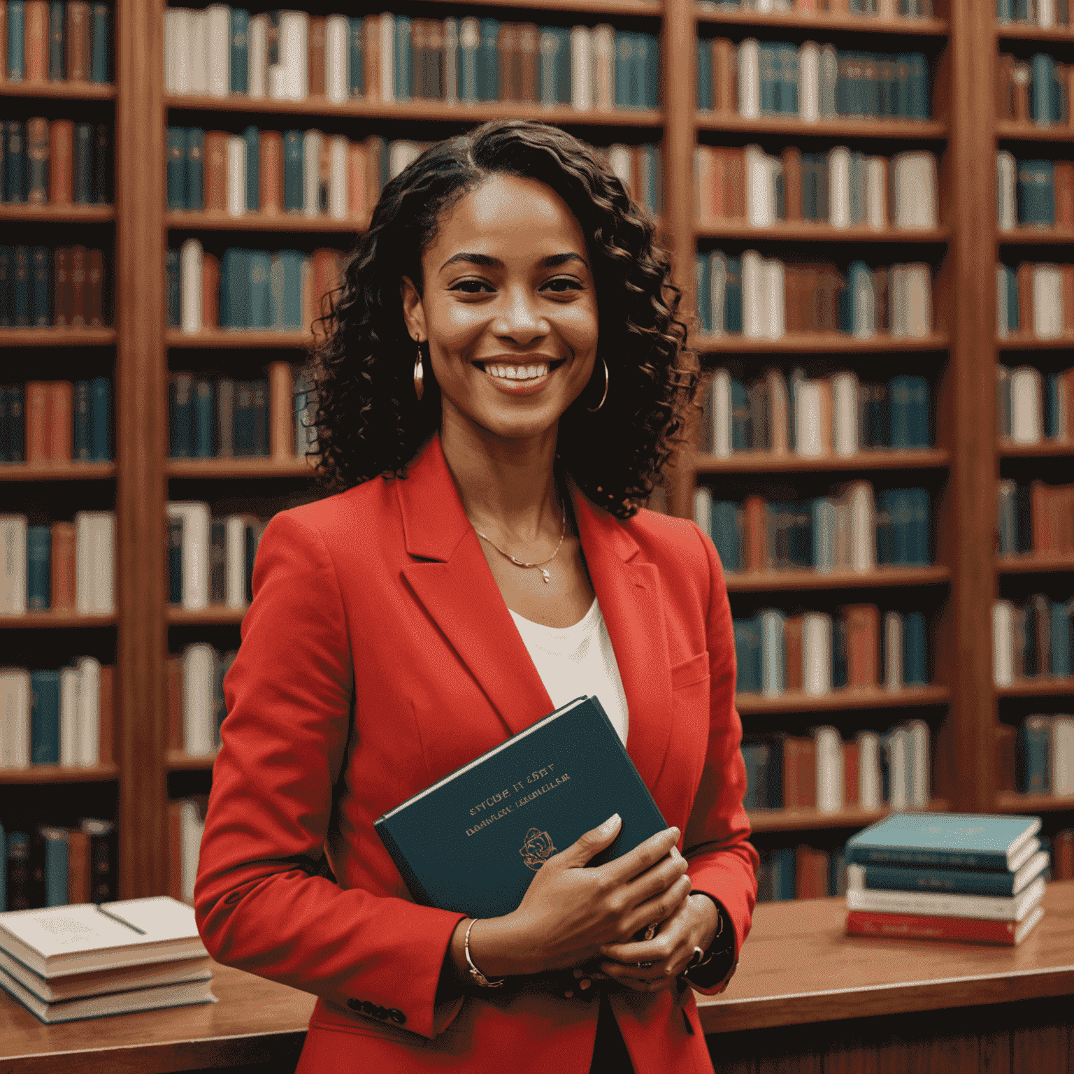 Simone Tebet sorrindo e segurando seu livro autobiográfico durante um evento de lançamento. Ela está vestida elegantemente com um blazer vermelho, em um cenário de biblioteca com prateleiras de livros ao fundo.