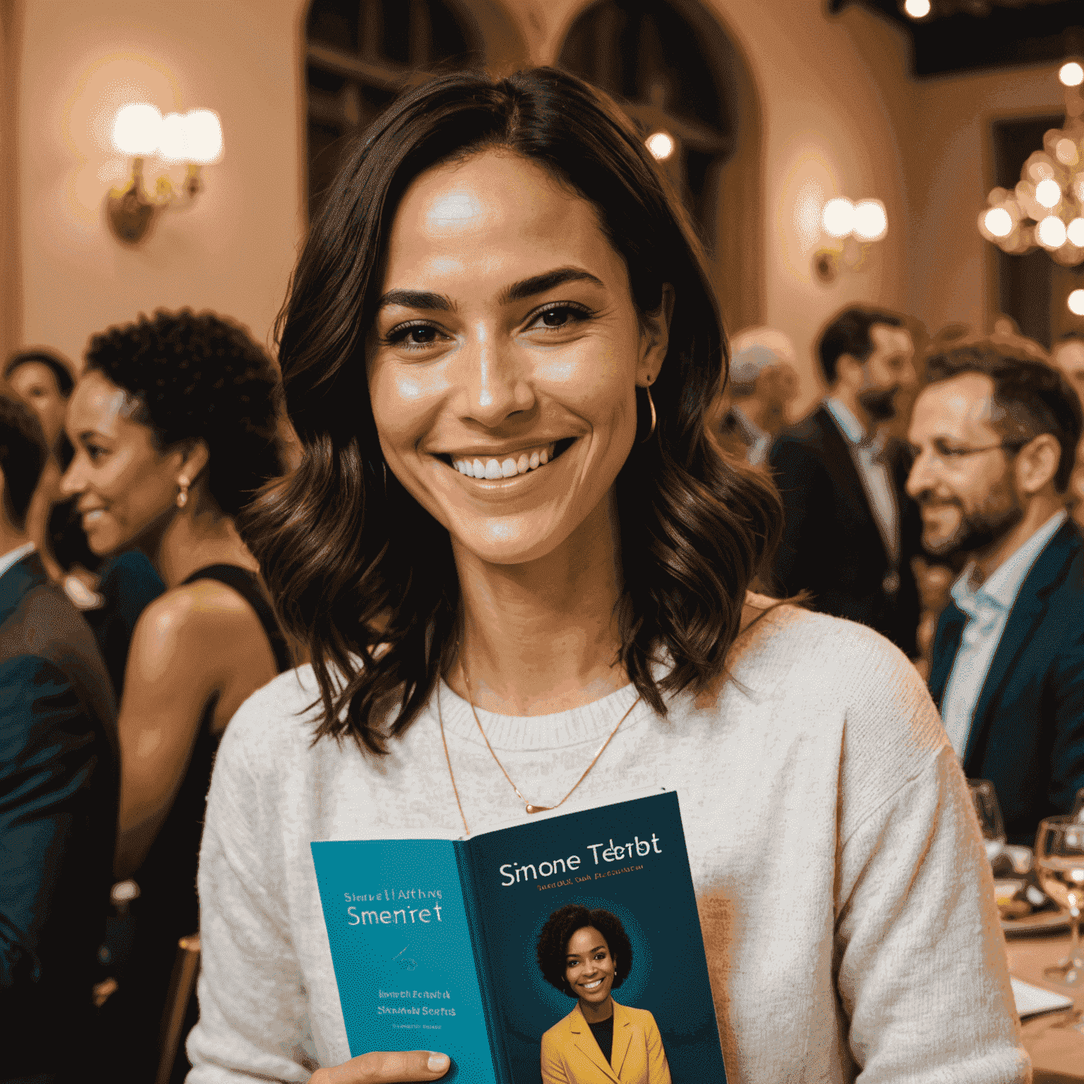 Simone Tebet sorrindo e segurando seu novo livro em um evento de lançamento