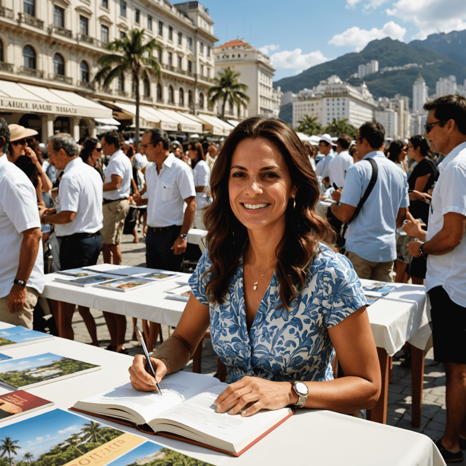 Simone Tebet em uma sessão de autógrafos ao ar livre no Copacabana Palace, Rio de Janeiro