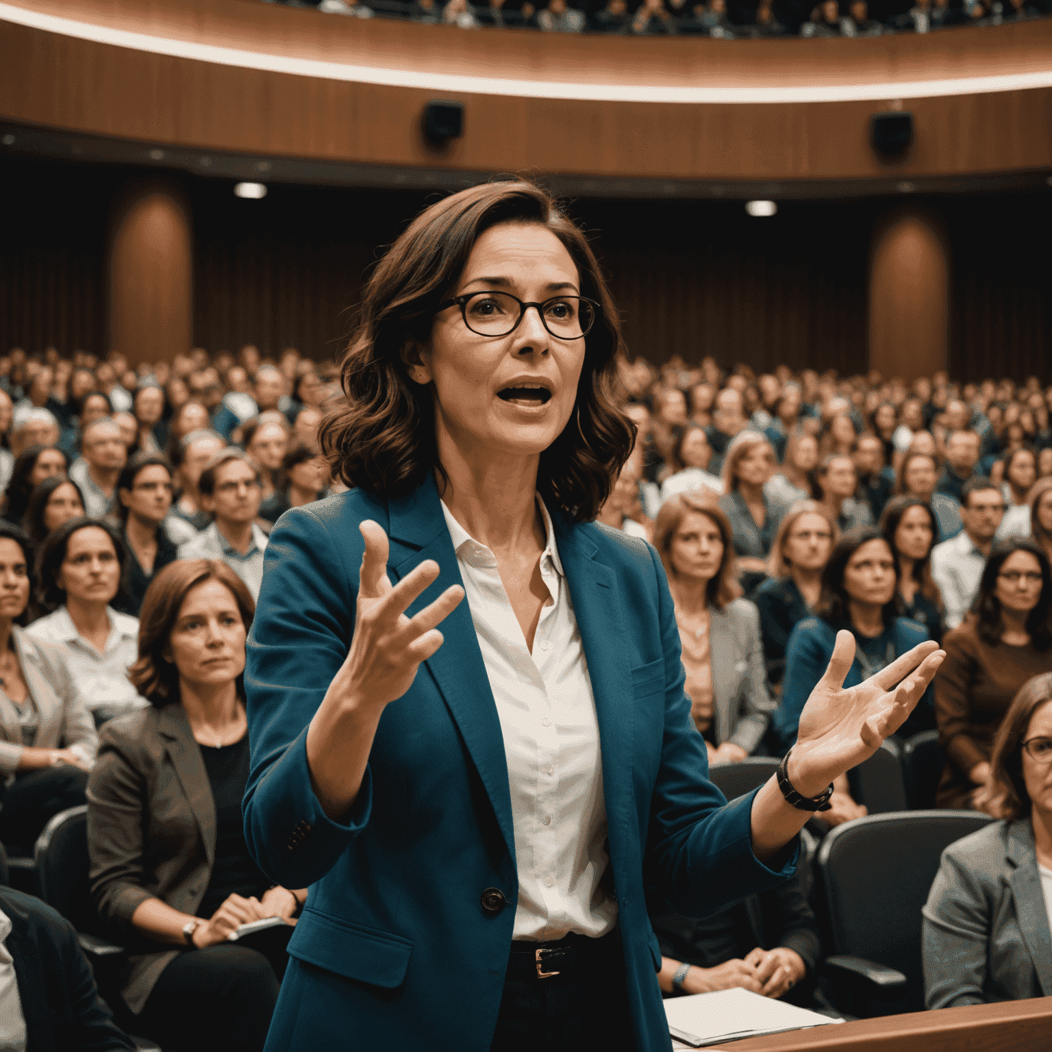 Simone Tebet dando uma palestra em um auditório lotado, gesticulando com entusiasmo