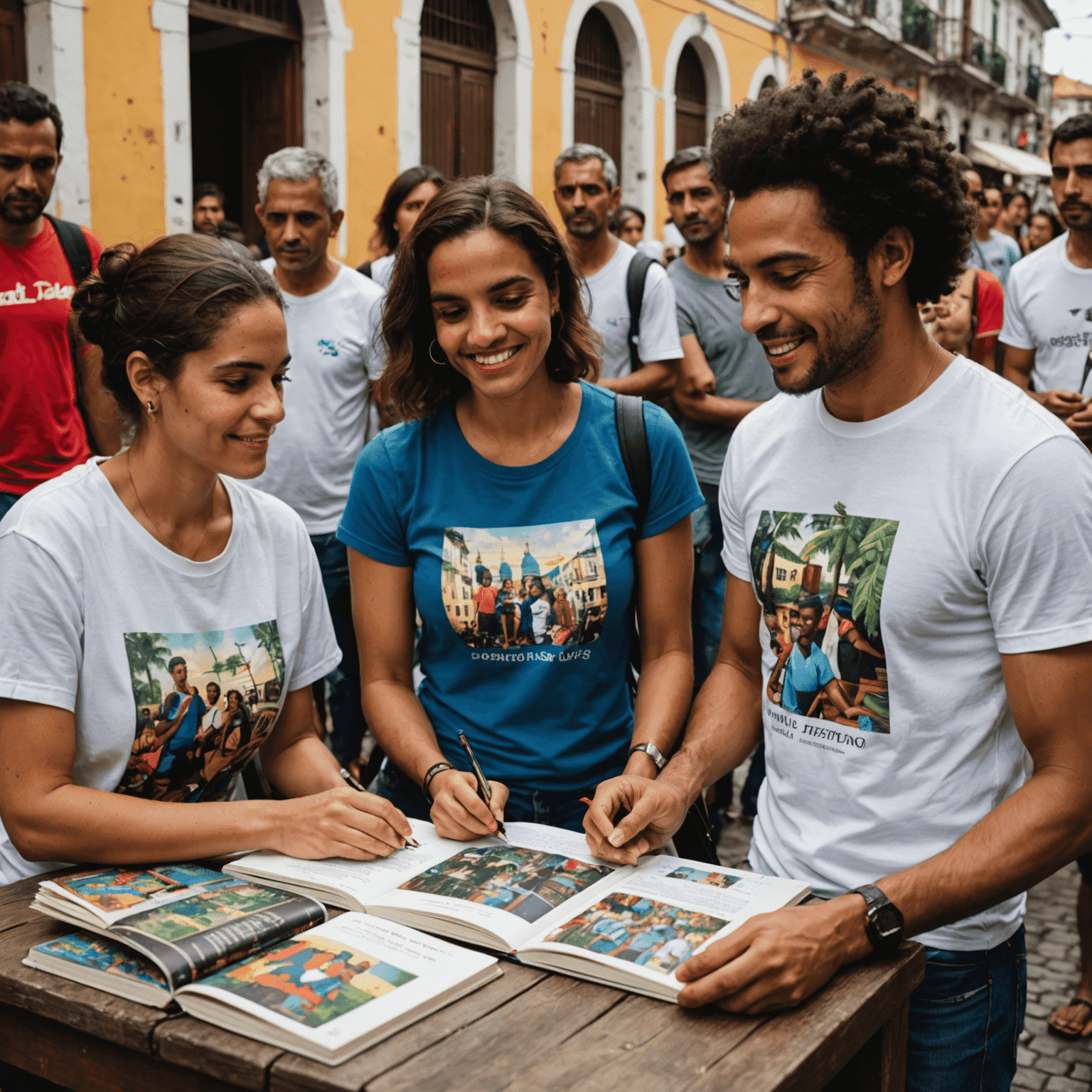 Simone Tebet em uma sessão de autógrafos no Pelourinho, Salvador, com fãs vestindo camisetas com a capa do livro