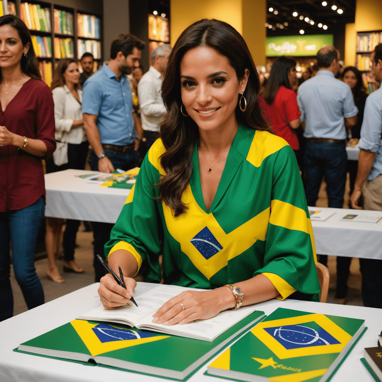 Simone Tebet em um evento de lançamento do livro, assinando cópias para fãs em uma mesa decorada com as cores do Brasil.